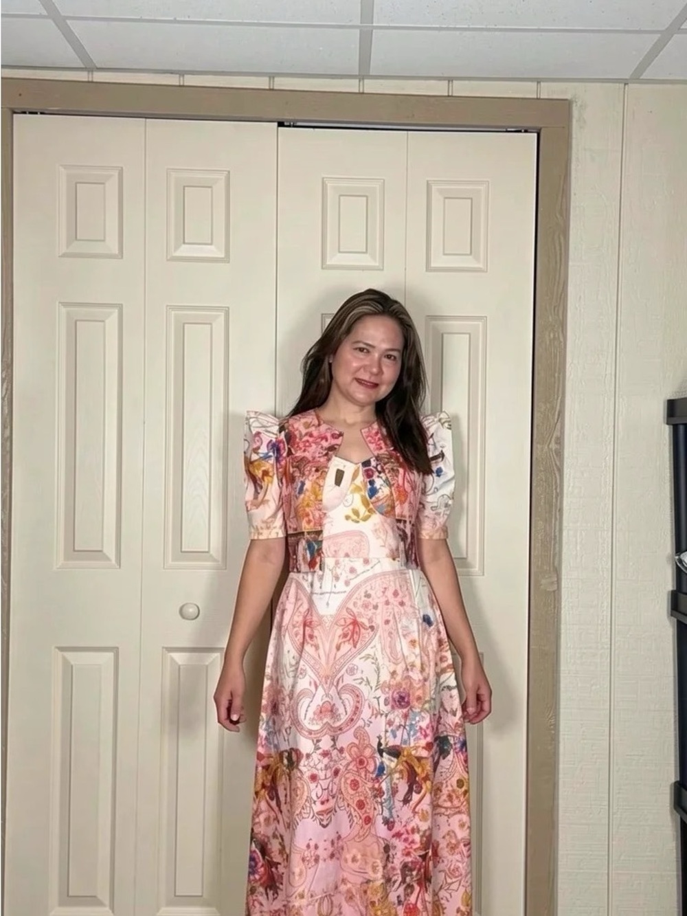 Pink Floral Maxi Dress with Puff Sleeves